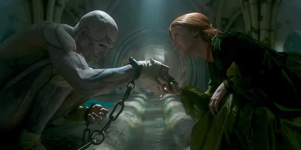 The Creature (Jacob Elordi) meets Elizabeth Harlander (Mia Goth) in "Frankenstein' (2025)
