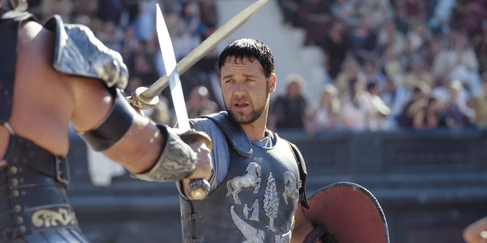 Maximus fighting someone in the arena in Gladiator