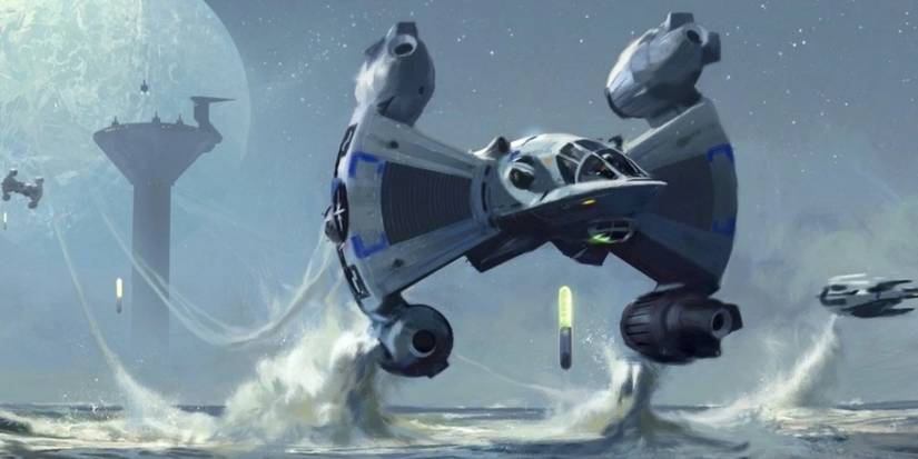A Gunstar spacecraft skirts the water in The Last Starfighter.