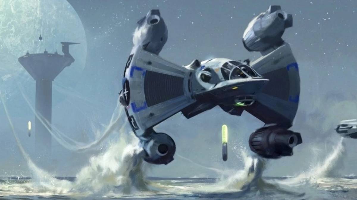 A Gunstar spacecraft skirts the water in The Last Starfighter.