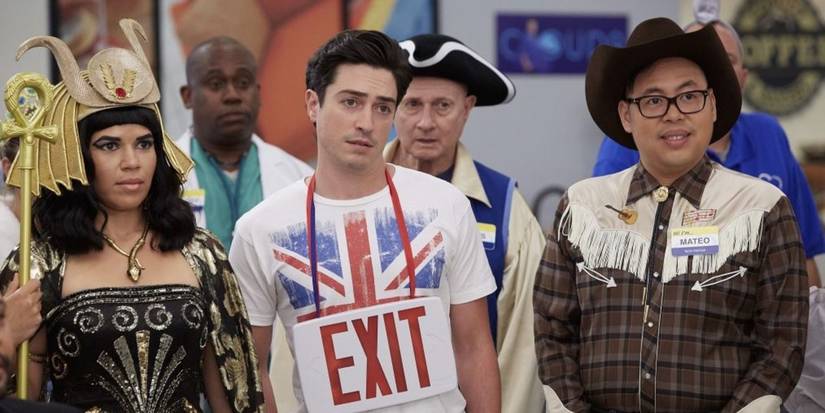 The employees wearing costumes gather and look concerned in Superstore episode Halloween Theft.