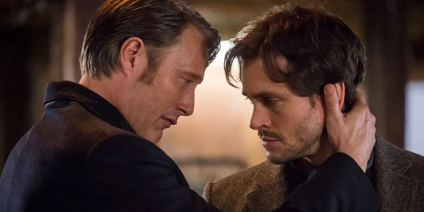 Dr. Hannibal Lecter wraps his arm around Will Graham in a supportive though imposing fashion in 'Hannibal'.