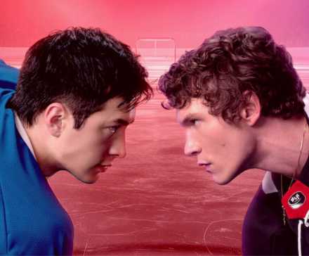 Hudson Williams and Connor Storrie facing each other in the official poster for Heated Rivalry