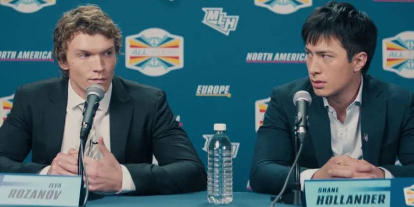Hudson Williams and Connor Storrie in a press conference in Heated Rivalry