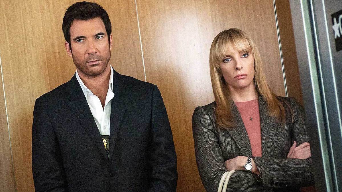 Dylan McDermott and Toni Collette looking annoyed in an elevator in Hostages