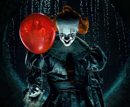 Pennywise in the sewer holding a red balloon with Lilly Bainbridge pictured in it in IT: Welcome to Derry.