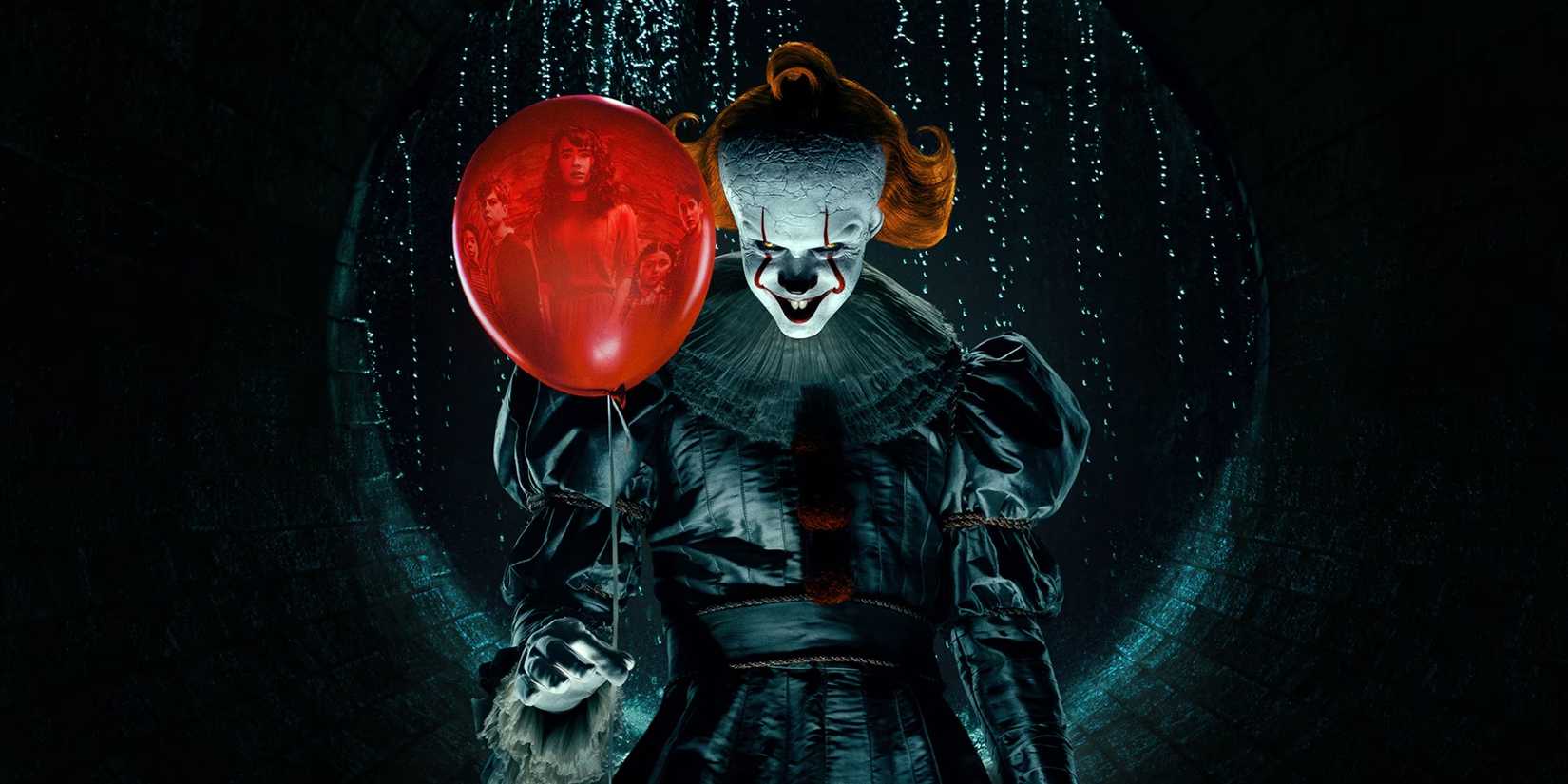 Pennywise in the sewer holding a red balloon with Lilly Bainbridge pictured in it in IT: Welcome to Derry
