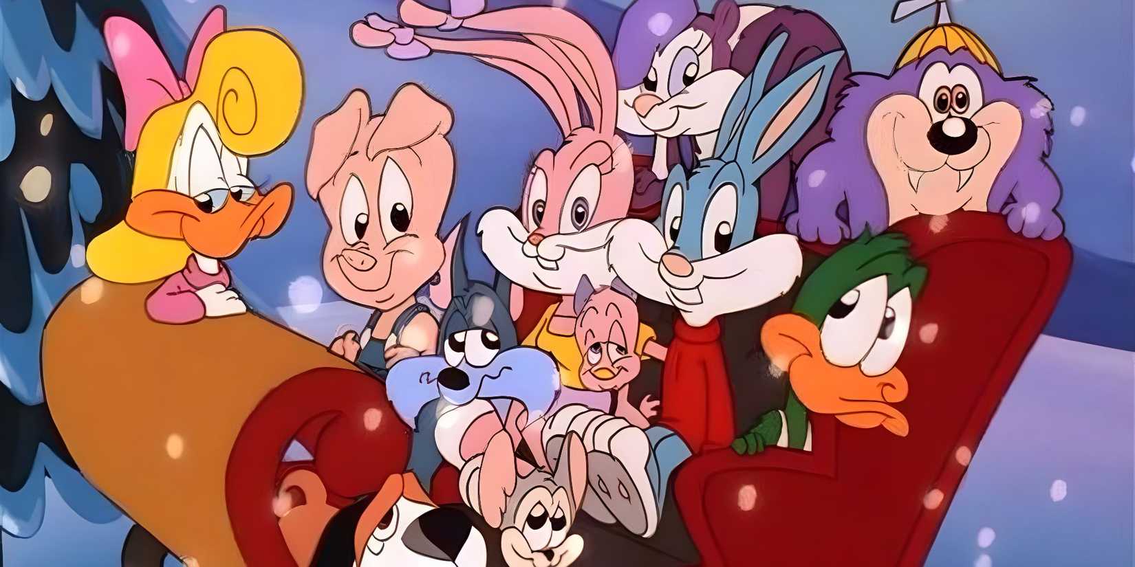 The cast of characters sit in a sleigh with snow in It's a Wonderful Tiny Toons Christmas Special.