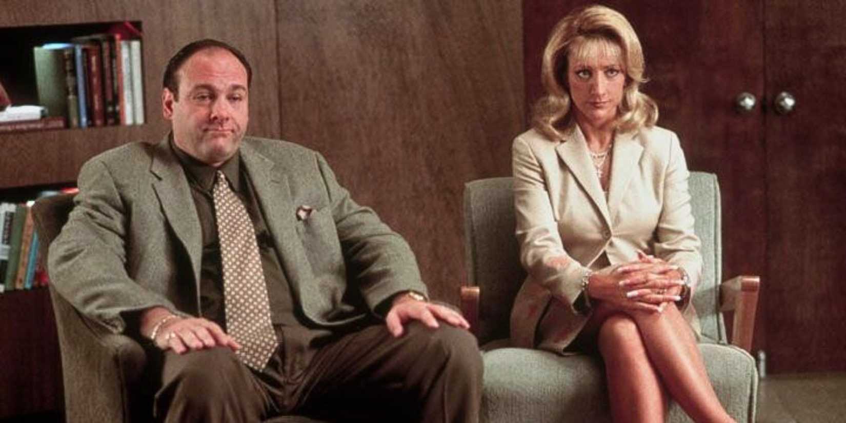 James Gandolfini as Tony Soprano sitting next to Edie Falco as Carmela Soprano in The Sopranos episode Another Toothpick