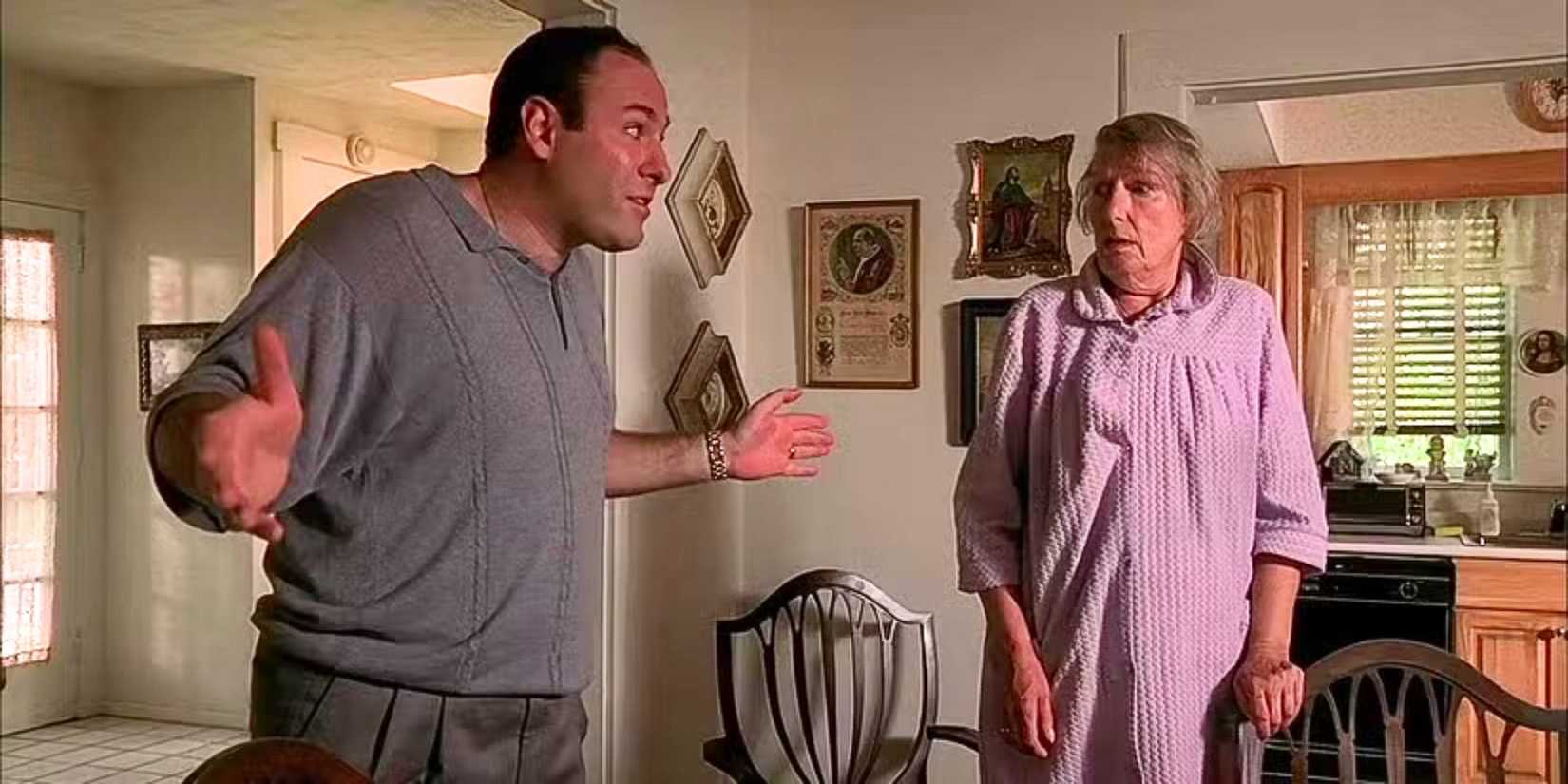 James Gandolfini as Tony Soprano talking to Nancy Marchand as Livia Soprano while standing next to him in The Sopranos Pilot episode