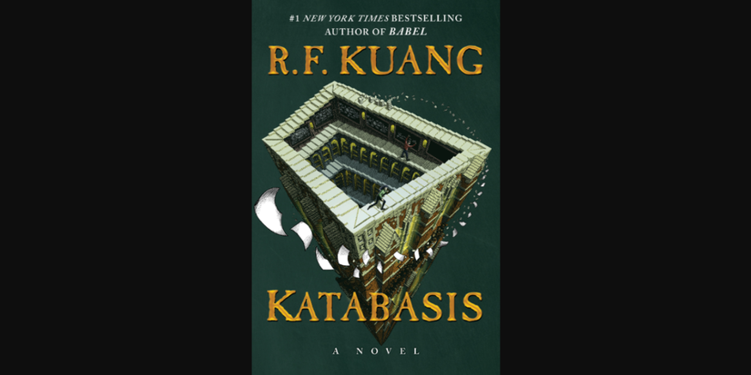 A tall tower with infinite winding stairs on the cover for Katabasis by R.F. Kuang.