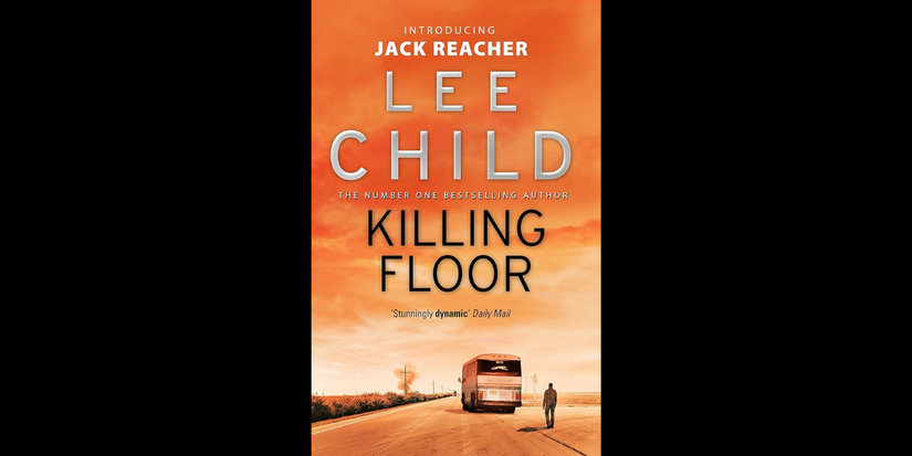 A bus drives away from a figure on a lonely road on the book cover of Killing Floor by Lee Child.