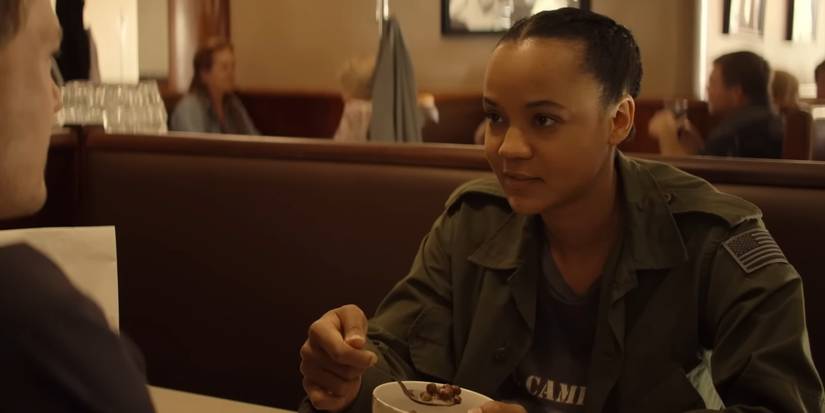 Frances Neagley (Maria Sten) eating cereal at a bistro in 'Reacher'