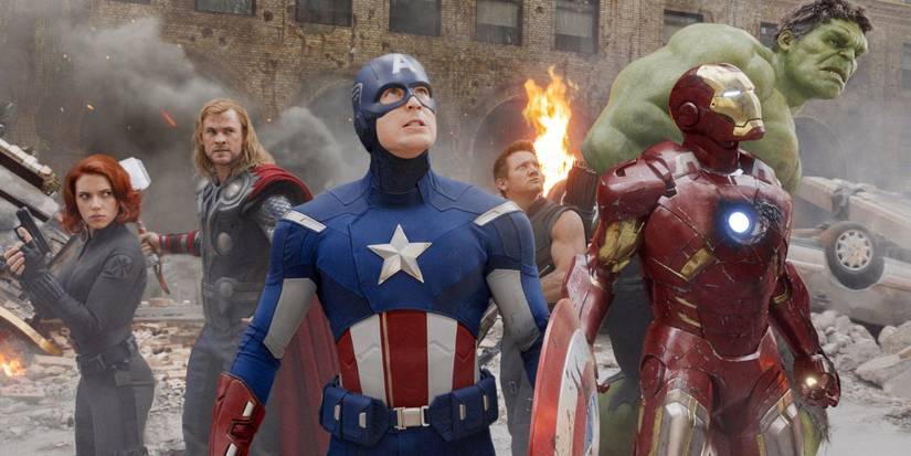 Scarlett Johansson as Black Widow, Chris Hemsworth as Thor, Chris Evans as Captain America, Jeremy Renner as Hawkeye, Robert Downey Jr as Iron Man, and Mark Ruffalo as The Hulk in The Avengers