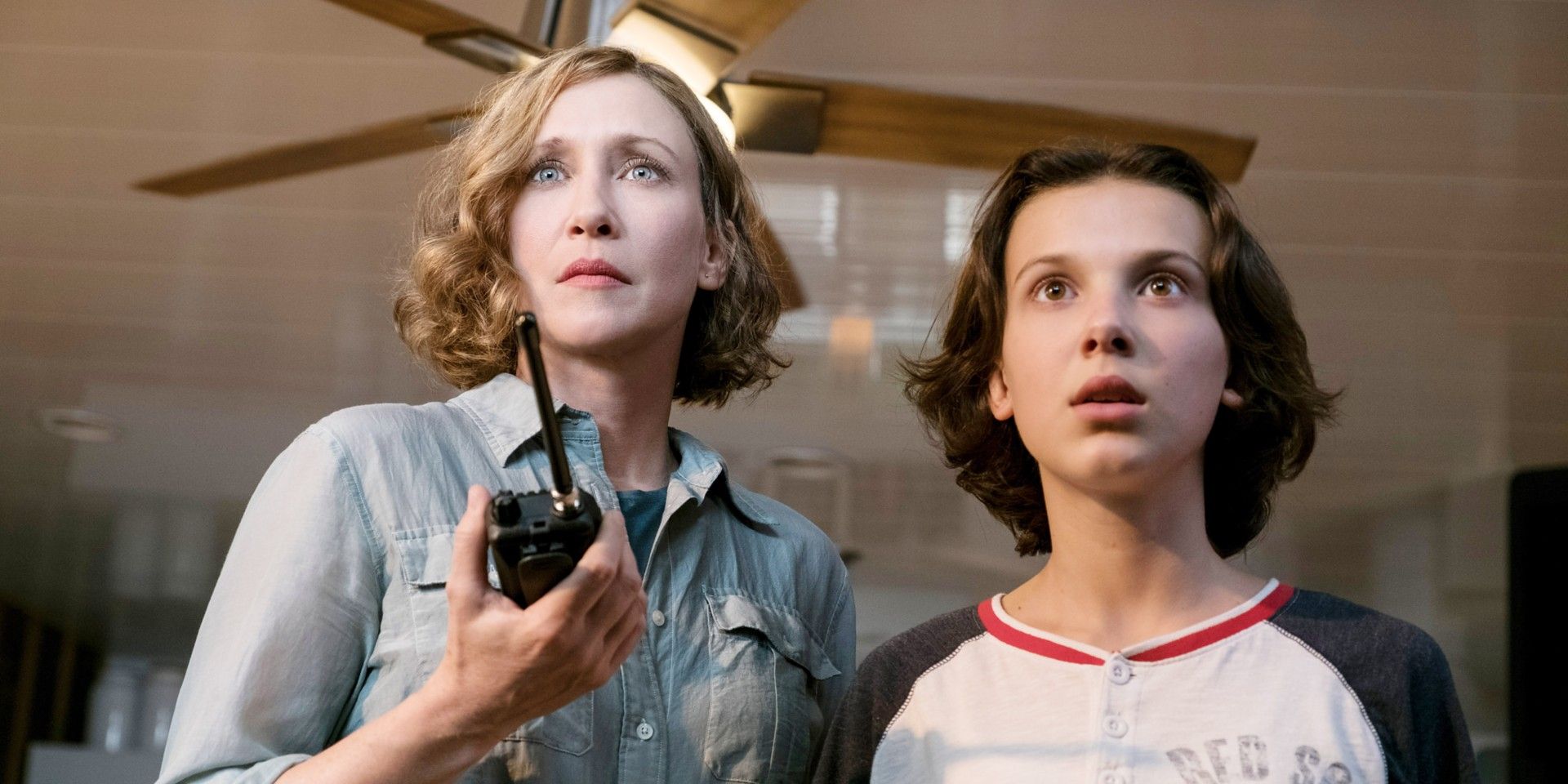 Vera Farmiga and Millie Bobby Brown look on in astonishment and fear in Godzilla King of the Monsters
