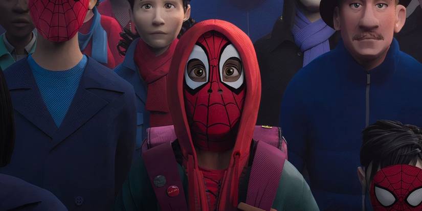 Miles Morales standing in a crowd of New Yorkers mourning Spider-Man in Spider-Man: Into the Spider-Verse
