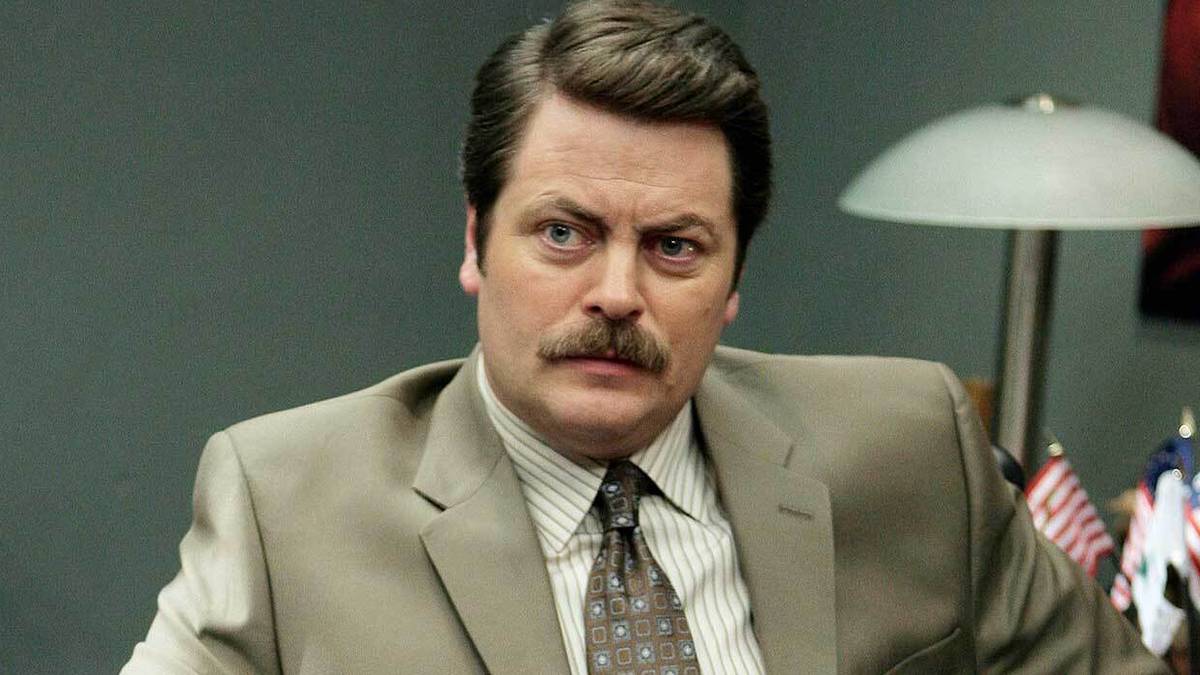 Nick Offerman's Ron Swanson deep in thought on Parks and Recreation