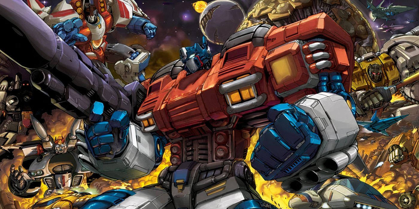Optimus Prime leading the war charge on the comic book cover for 