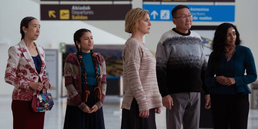 Rhea Seehorn, Sharon Gee, Darinka Arones, Amarburen Sanjid, and Menik Gooneratne in Pluribus Episode 2