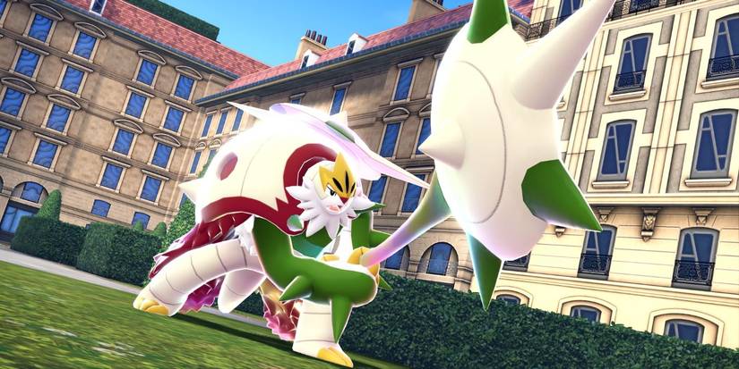 Mega Chesnaught memegang senjatanya