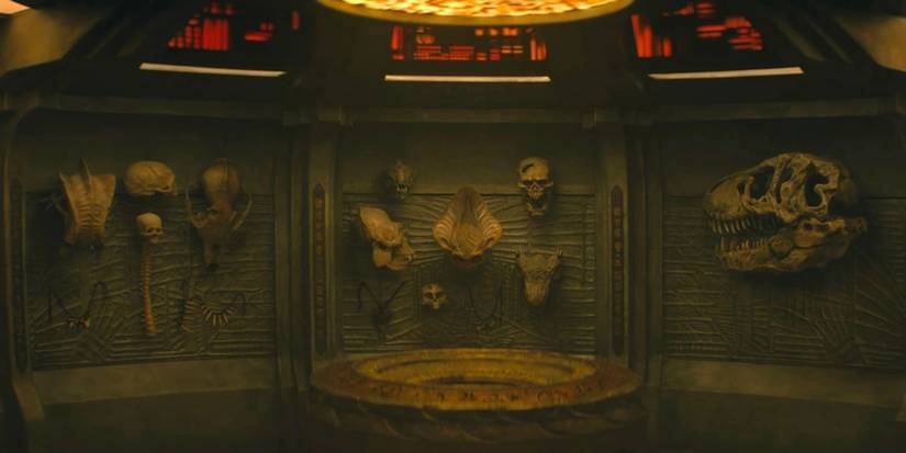 A trophy room on Dek's ship in 'Predator: Badlands'