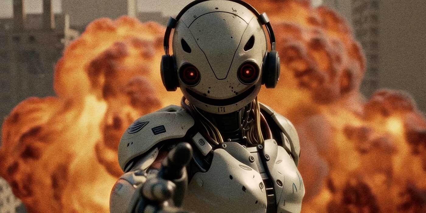 An eerily smiling robot from the music video 