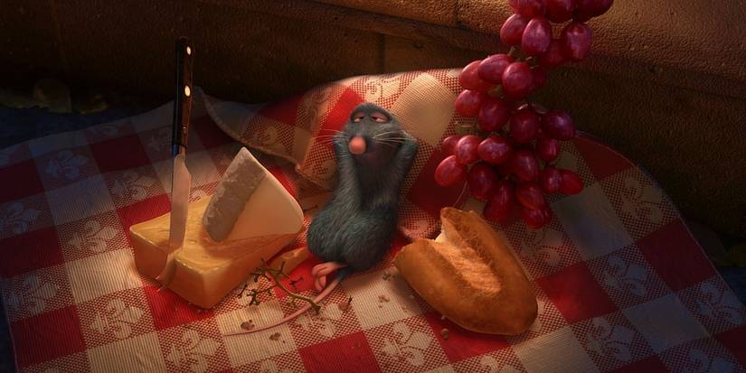 Remy (Patton Oswalt) surrounded by food in 'Ratatouille'