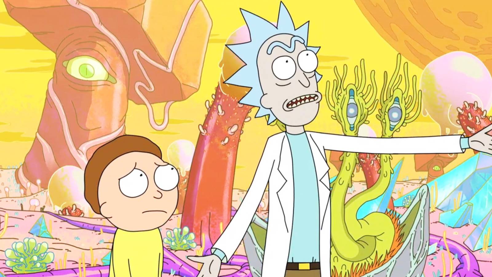 Rick Sanchez and Morty Smith (voiced by Justin Roiland) on an alien planet in Rick and Morty.