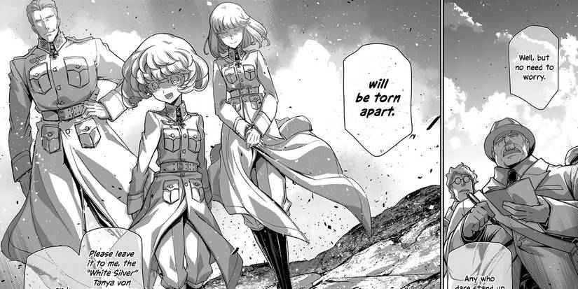 A group of characters talking in the Saga of Tanya the Evil manga