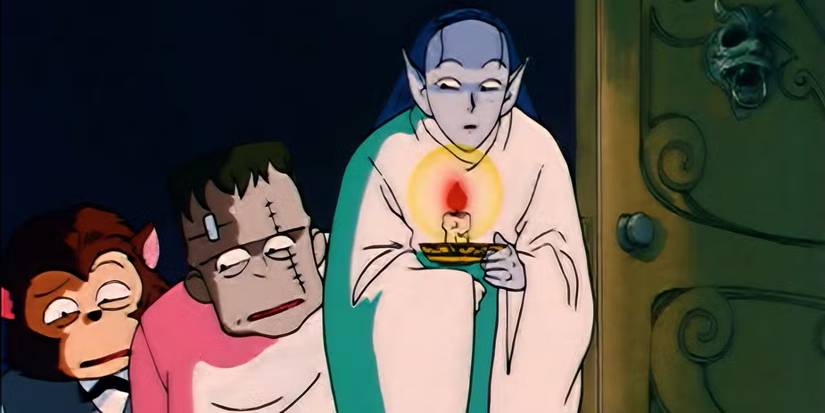 The resort's vampire, Frankenstein, and werewolf staff standing at the door in Sailor Moon