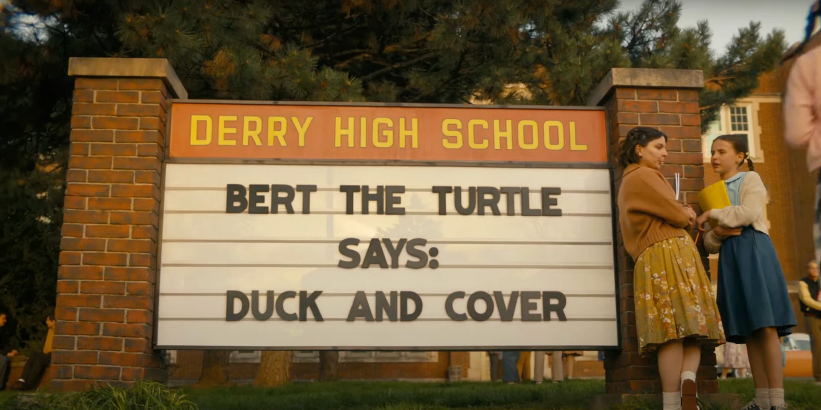 A sign for the Derry High School turtle mascot in 'It: Welcome to Derry'
