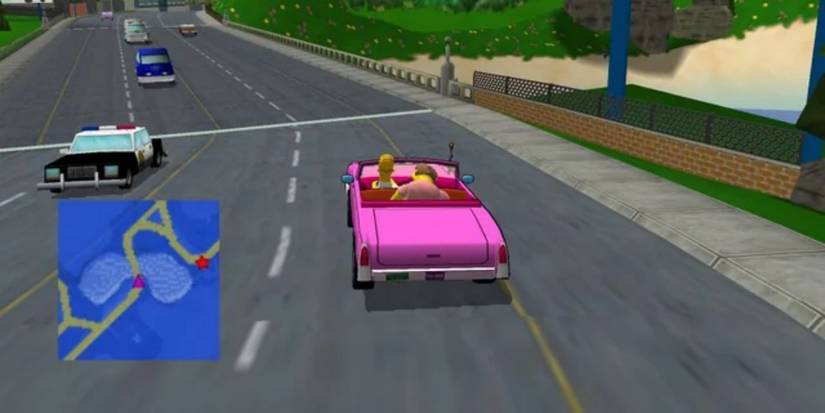 Home driving a purple convertible in The Simpsons Road Rage