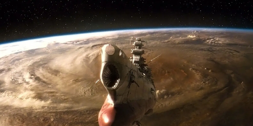 A battleship floats in space