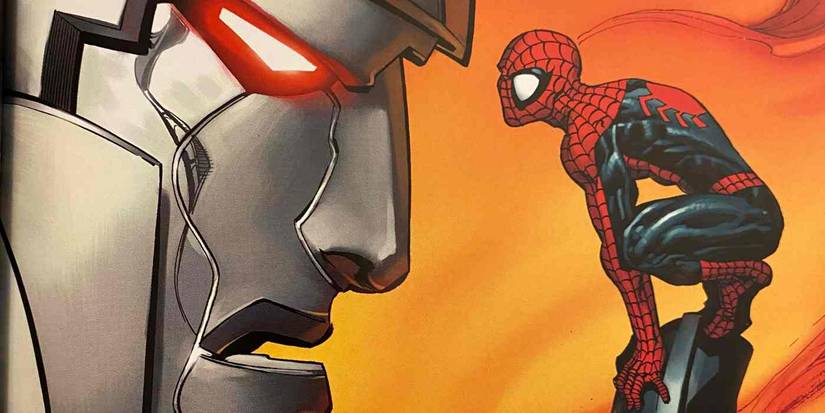 Spider-Man crouching across from Megatron in Marvel Comics