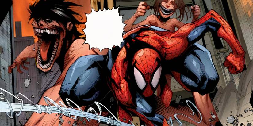 Spider-Man swinging away from Titans from Attack on Titan in Marvel Comics
