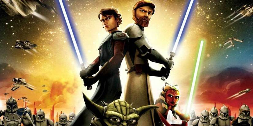 Anakin Skywalker, Obi-Wan Kenobi, Ahsoka Tano, and Master Yoda in the poster of 'Star Wars: The Clone Wars'