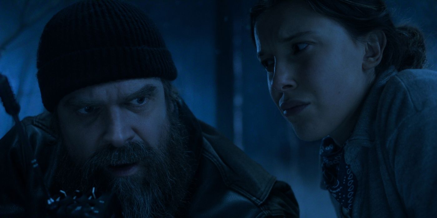 David Harbour as Hopper and Millie Bobby Brown as Eleven outside in the Upside Down on 'Stranger Things' Chapter 5.