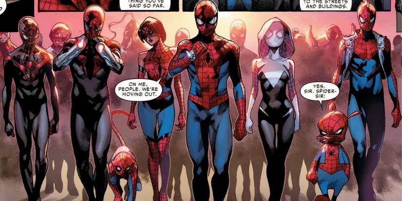 A group of Spider-People, led by Peter Parker, walking to fight in Spider-Verse by Marvel Comics