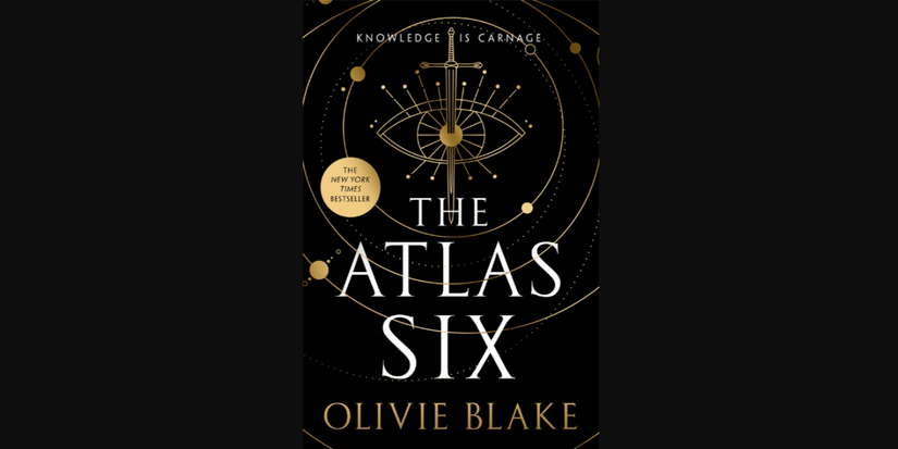 An eye and sword illustration on the cover for The Atlas Six by Olivie Blake.