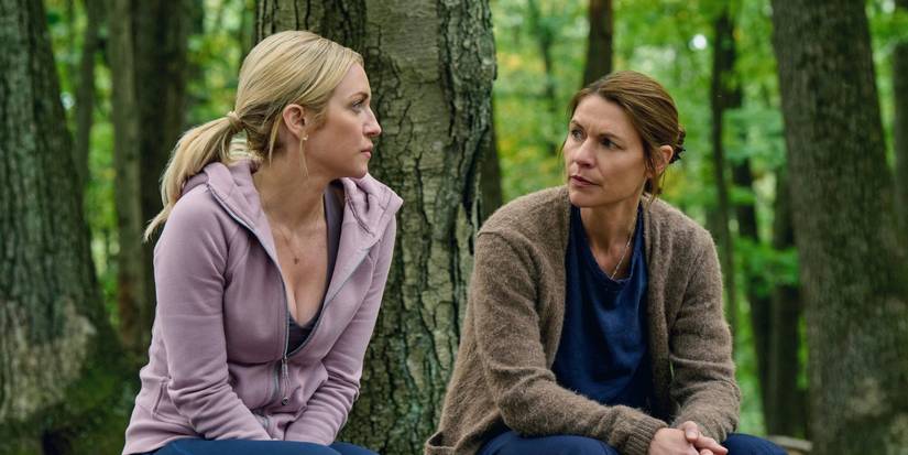 Brittany Snow as Nina Jarvis and Claire Danes as Aggie Wiggs in the woods in 'The Beast in Me.'