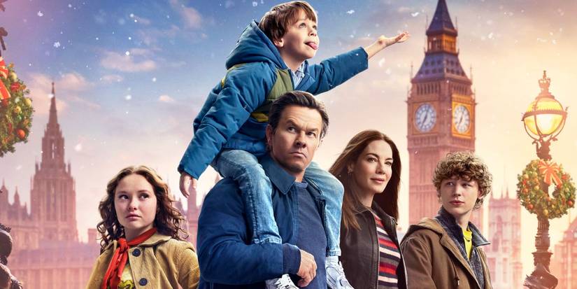 Zoe Colletti, Mark Wahlberg, Michelle Monaghan, and Van Crosby as the Morgan family on the poster for The Family Plan 2.