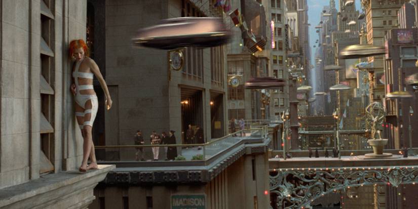 Leeloo walking on the side of a building in The Fifth Element