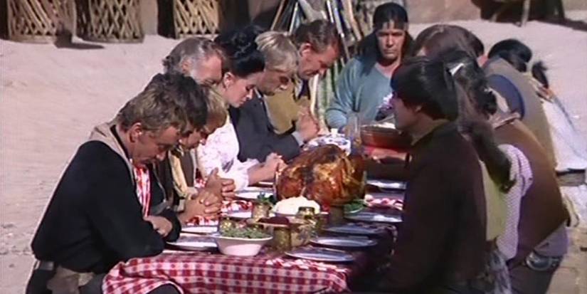 The Cannon and Montoya clans sit with Apaches for a Thanksgiving meal in 'The High Chaparral' episode "For What We Are About to Receive"