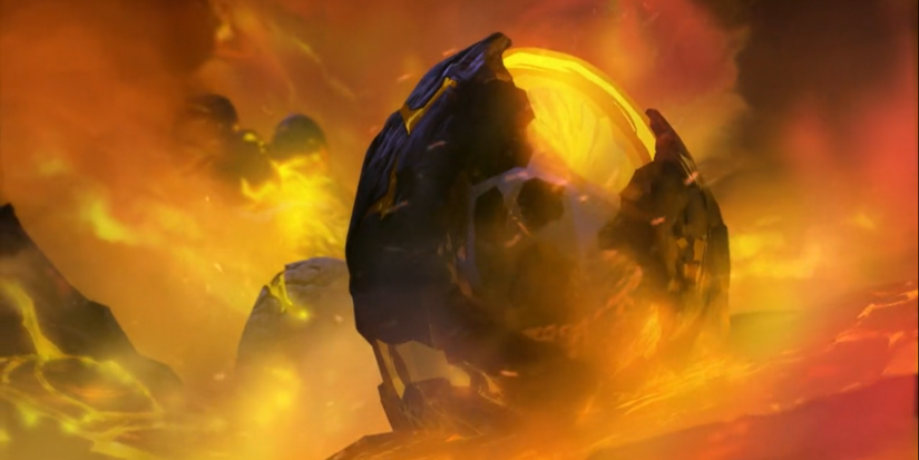 A dragon egg sitting in a nest of lava