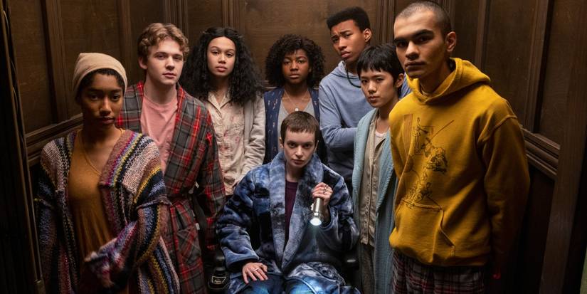 The Midnight Club gather in the elevator in 'The Midnight Club.'