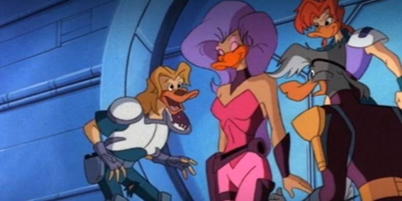 Characters from The Mighty Ducks in a metal hallway