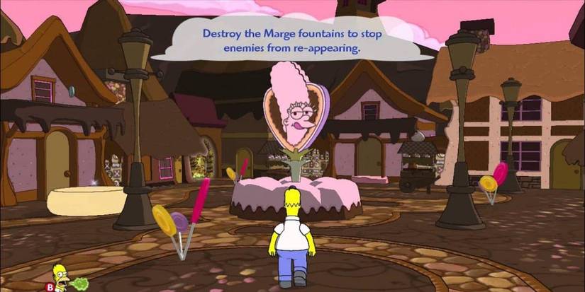 Homer walking to a fountain with Marge's face in The Simpsons Game