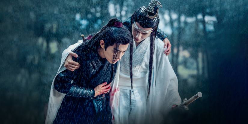 Xiao Zhan and Wang Yibo holding each other in The Untamed 