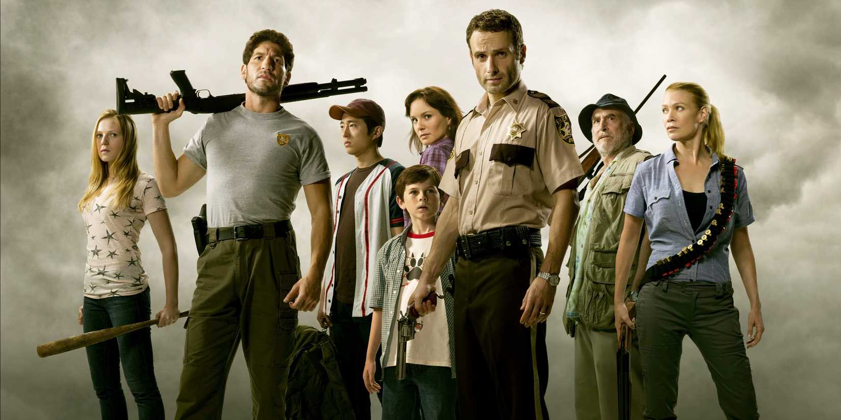 Jon Bernthal, Glenn Yeun, Chandler Riggs, Sarah Wayne Callies, Andrew Lincoln, Jeffrey DeMunn, and Laurie Holden in promo for The Walking Dead