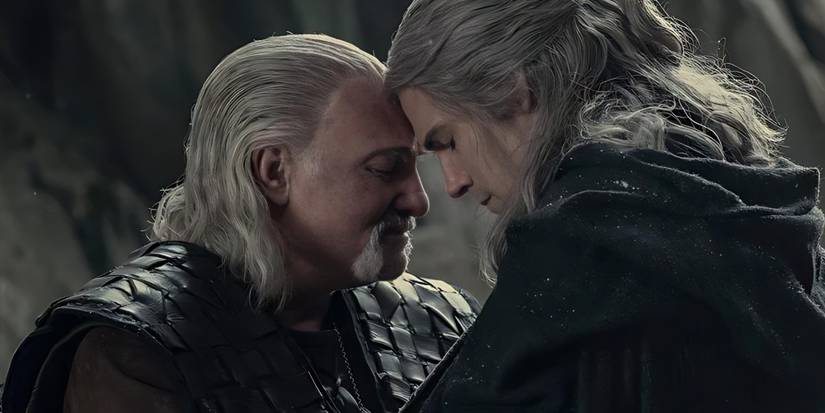 Vesemir (Kim Bodnia) greets Geralt (Henry Cavill) in The Witcher Season 2.